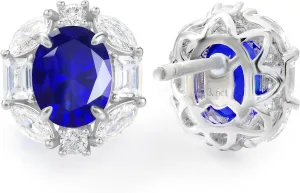 Royal Blue Jewelry Set for Women, White Gold Plated Oval Halo Cubic Zirconia Pendant Necklace and Earrings Studs with Hypoallergenic Sterling Silver Post, Silver Simulated Sapphire Women Jewelry Set for Wedding Prom Dressy Occasion