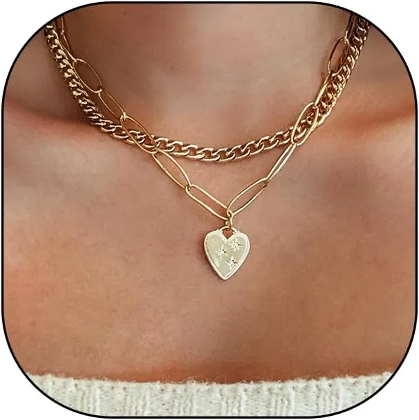 Rrdaily Heart Layered Pendant Necklace,Dainty Love Cuban Link Chain Necklace for Women,Personalized Hip Hop Paperclip Aesthetic Gifts