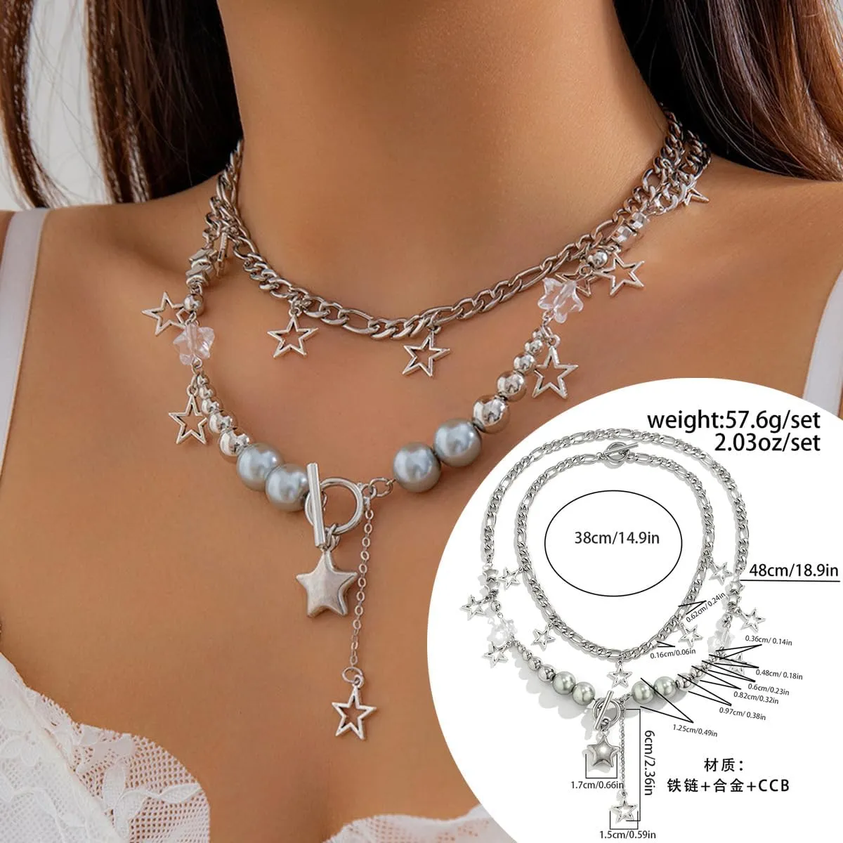 Rrdaily Silver Y2k Star Necklace Set for Women Kawaii Star Layered Necklace Gothic Tassel Big Bead Chain Choker Necklace Preppy Grunge Aesthetic Jewelry Accessories