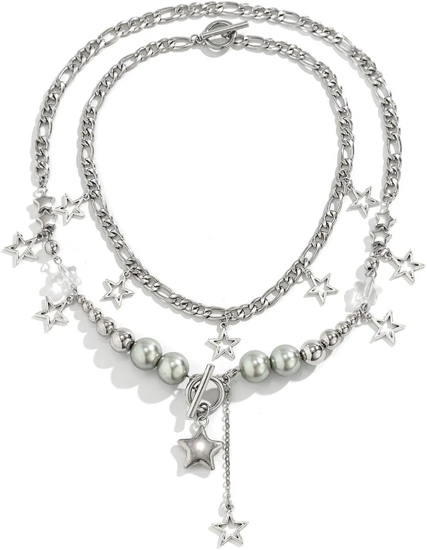 Rrdaily Silver Y2k Star Necklace Set for Women Kawaii Star Layered Necklace Gothic Tassel Big Bead Chain Choker Necklace Preppy Grunge Aesthetic Jewelry Accessories