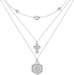 S925 Sterling Silver Triple Layered Necklaces for Women Multilayer Long Chain Lotus Cross Tree of Life Pendant Necklace Birthday Mother Day Jewelry Gift for Women