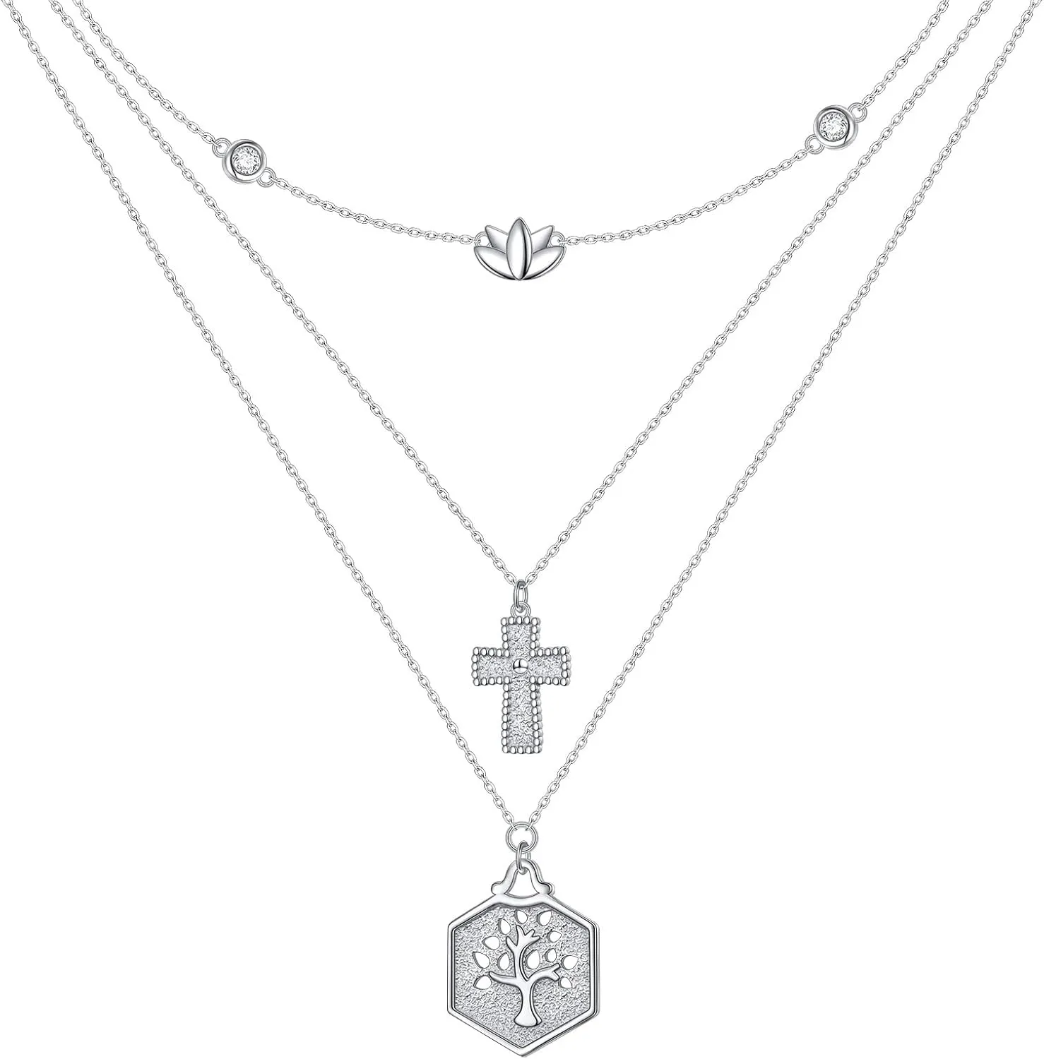 S925 Sterling Silver Triple Layered Necklaces for Women Multilayer Long Chain Lotus Cross Tree of Life Pendant Necklace Birthday Mother Day Jewelry Gift for Women