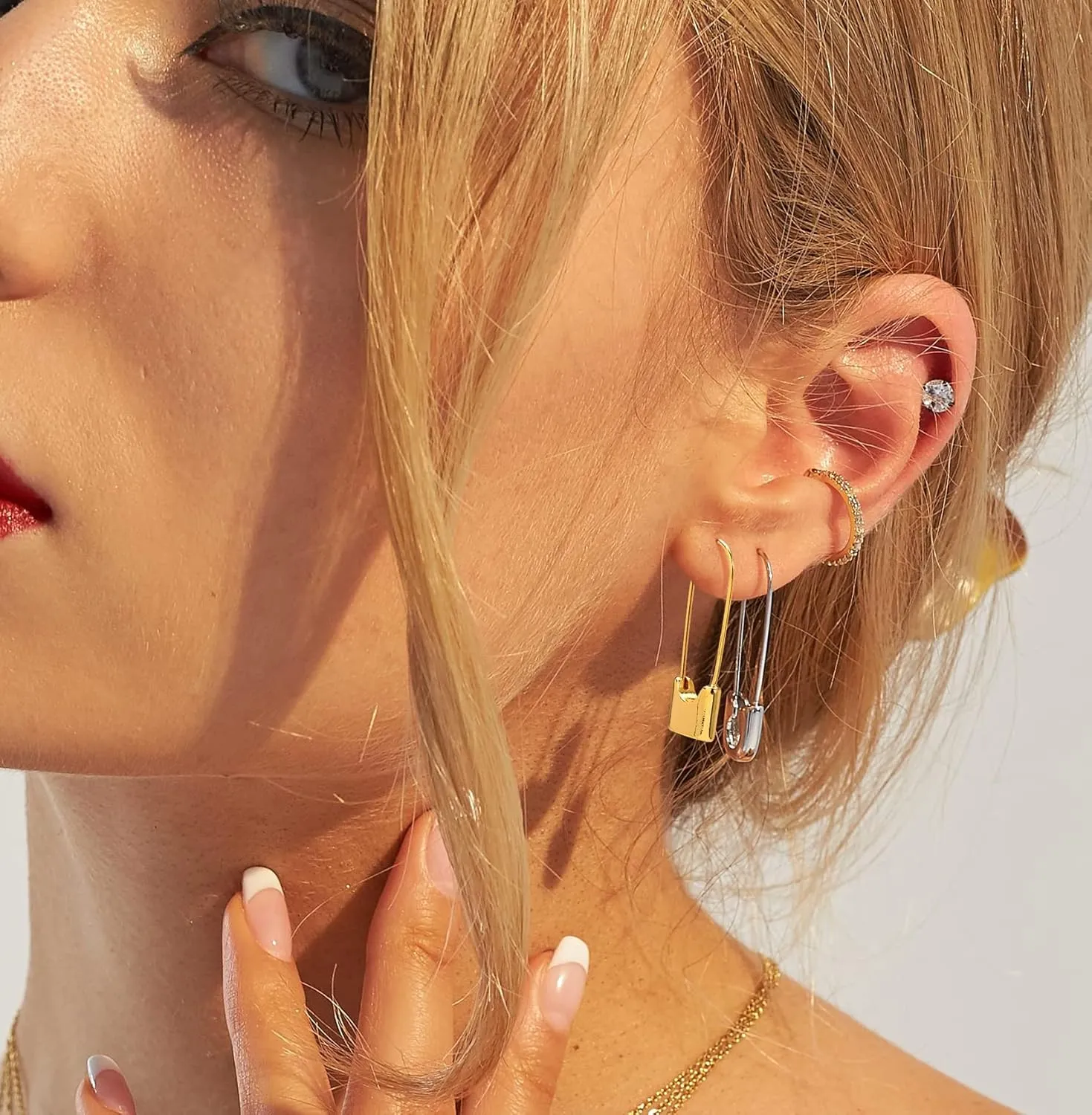 Safety Pin Earrings for Women Silver Gold-Plated Hoop Pin Earrings for Women