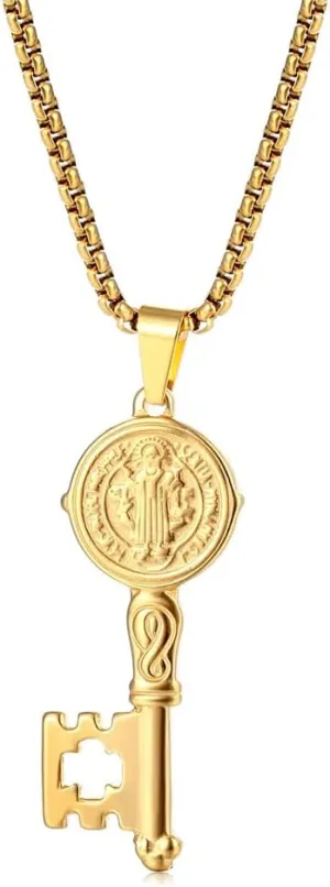 Saint Benedict Medal Key Pendant Necklace,Stainless Steel Exorcism Catholic Religious Key Necklace Jewelry 24 Inch Chain,Gift For Him