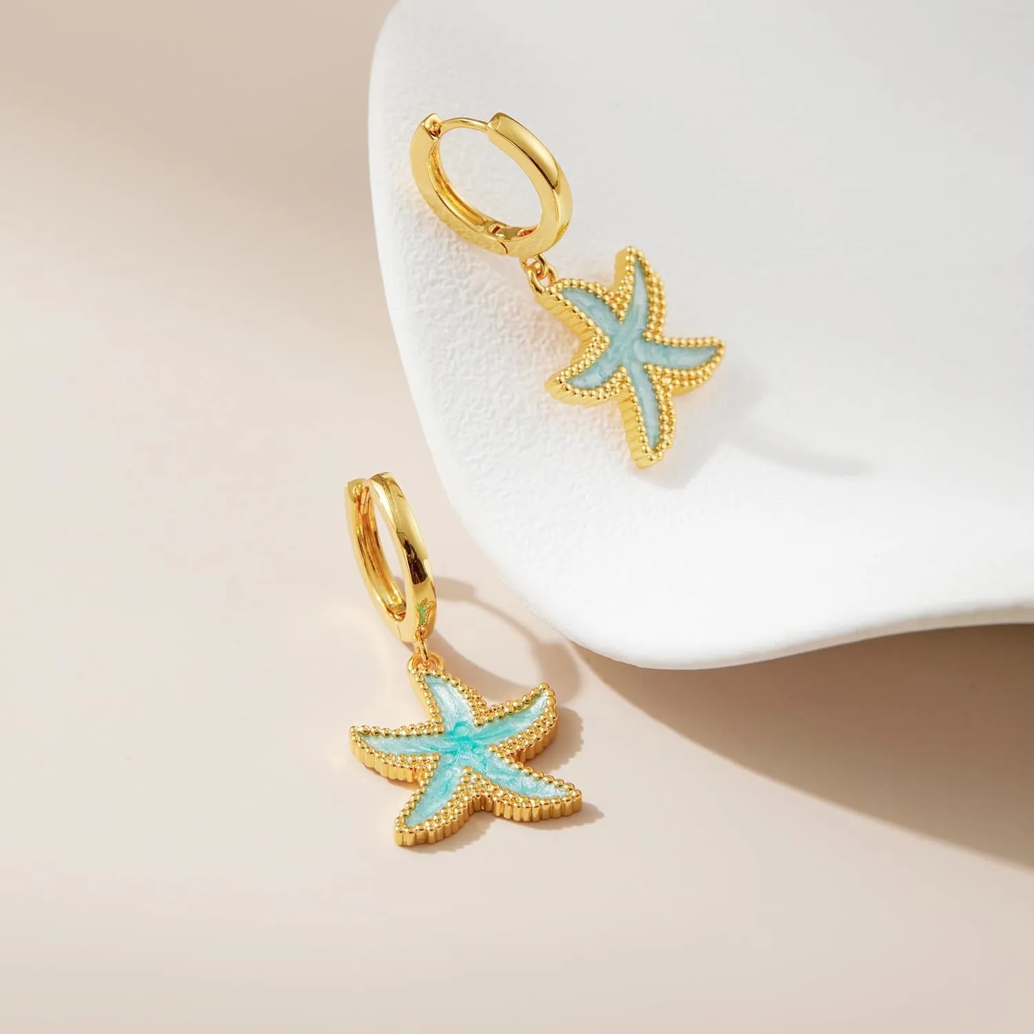 SANNYRA Huggie Earrings for Women - 14K Gold Plated Beach Sea Drop Dangle Earrings - Starfish Butterfly Moon Star Seashell Beachy Jewelry
