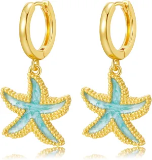 SANNYRA Huggie Earrings for Women - 14K Gold Plated Beach Sea Drop Dangle Earrings - Starfish Butterfly Moon Star Seashell Beachy Jewelry