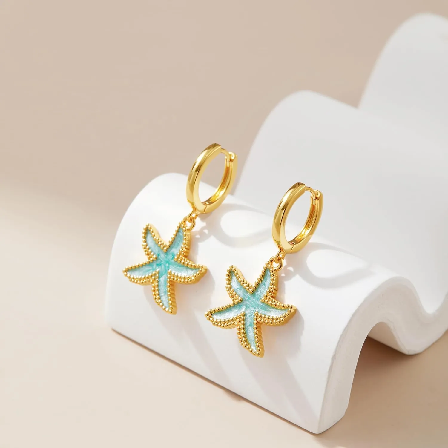 SANNYRA Huggie Earrings for Women - 14K Gold Plated Beach Sea Drop Dangle Earrings - Starfish Butterfly Moon Star Seashell Beachy Jewelry