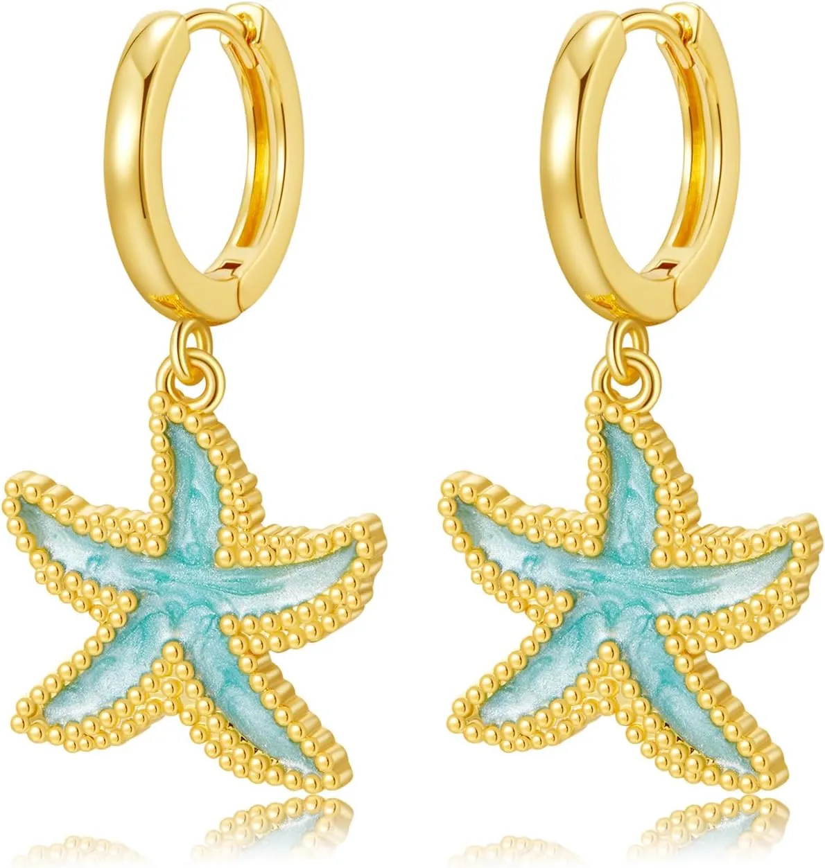 SANNYRA Huggie Earrings for Women - 14K Gold Plated Beach Sea Drop Dangle Earrings - Starfish Butterfly Moon Star Seashell Beachy Jewelry