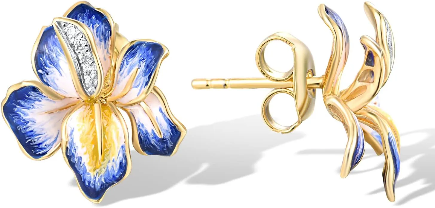 Santuzza 10K Solid Gold Diamond Enamel Flower Earrings for Women