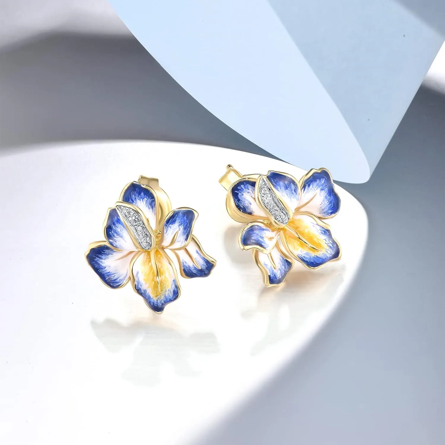 Santuzza 10K Solid Gold Diamond Enamel Flower Earrings for Women