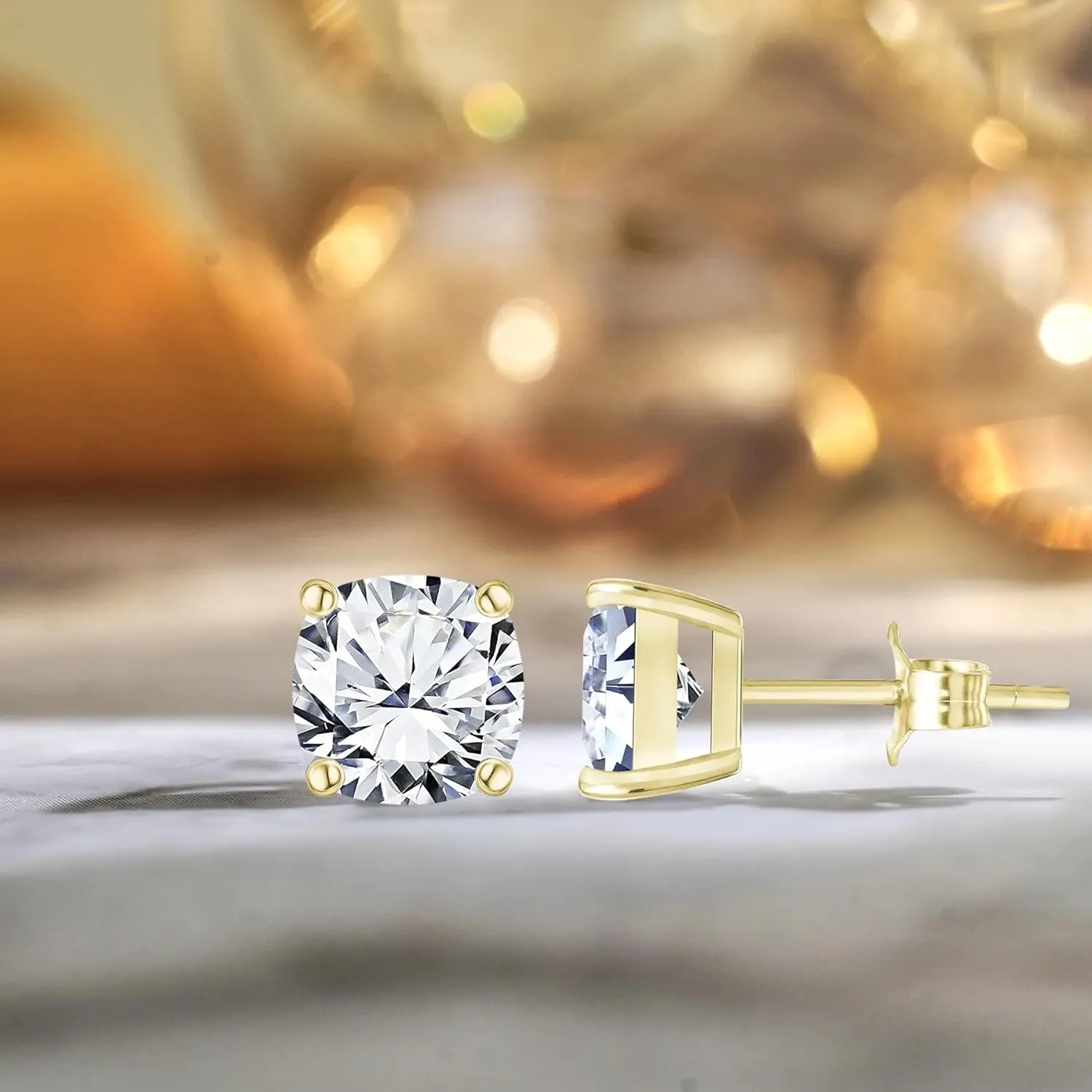 SARIKA_ENTERPRISE Natural Moissanite Stud Earrings For Women Cushion Cut Solitaire Hypoallergenic Silver Jewelry, 4-Prong Setting, 14K Gold Plated (White, Rose & Yellow)