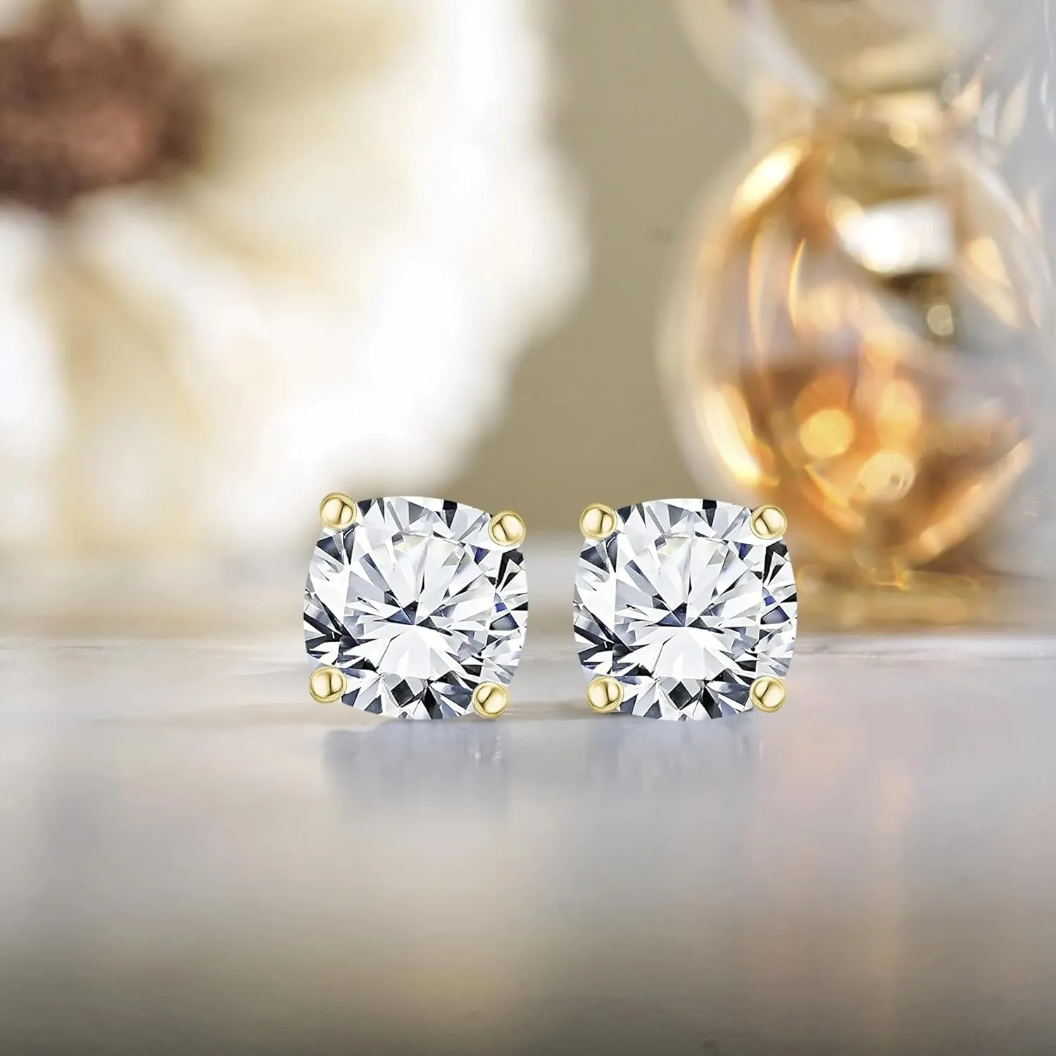 SARIKA_ENTERPRISE Natural Moissanite Stud Earrings For Women Cushion Cut Solitaire Hypoallergenic Silver Jewelry, 4-Prong Setting, 14K Gold Plated (White, Rose & Yellow)