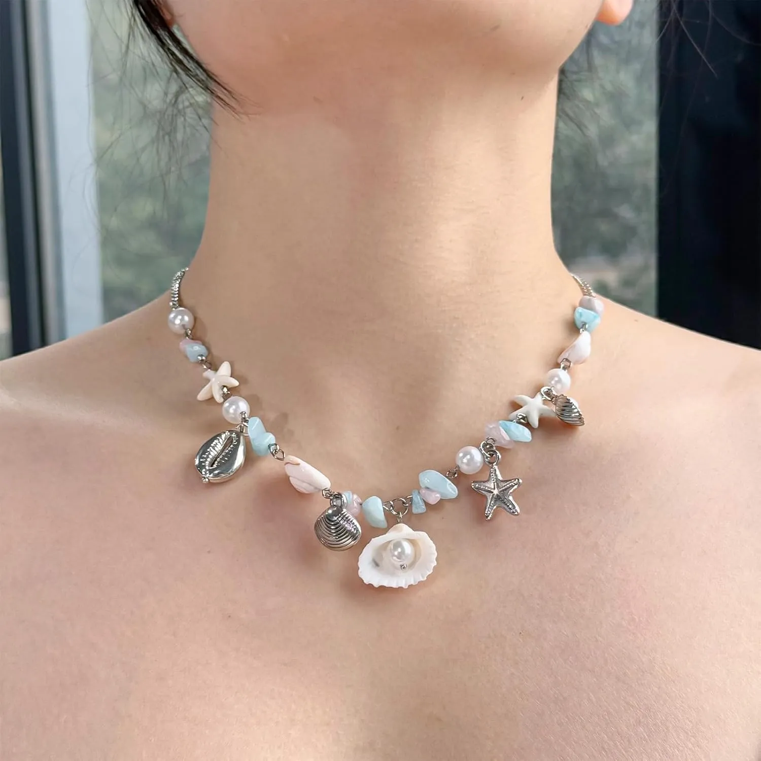 Seashell Starfish Pendant Necklace Pearl Beaded Fossil Charm Choker Summer Boho Beach Statement Necklace Jewelry with Dolphin & Conch Silver Trendy Chain Gifts for Women