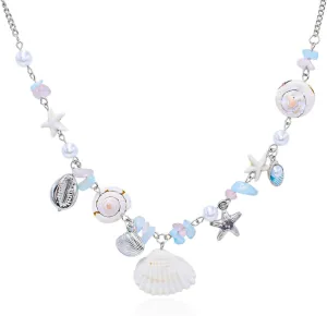 Seashell Starfish Pendant Necklace Pearl Beaded Fossil Charm Choker Summer Boho Beach Statement Necklace Jewelry with Dolphin & Conch Silver Trendy Chain Gifts for Women