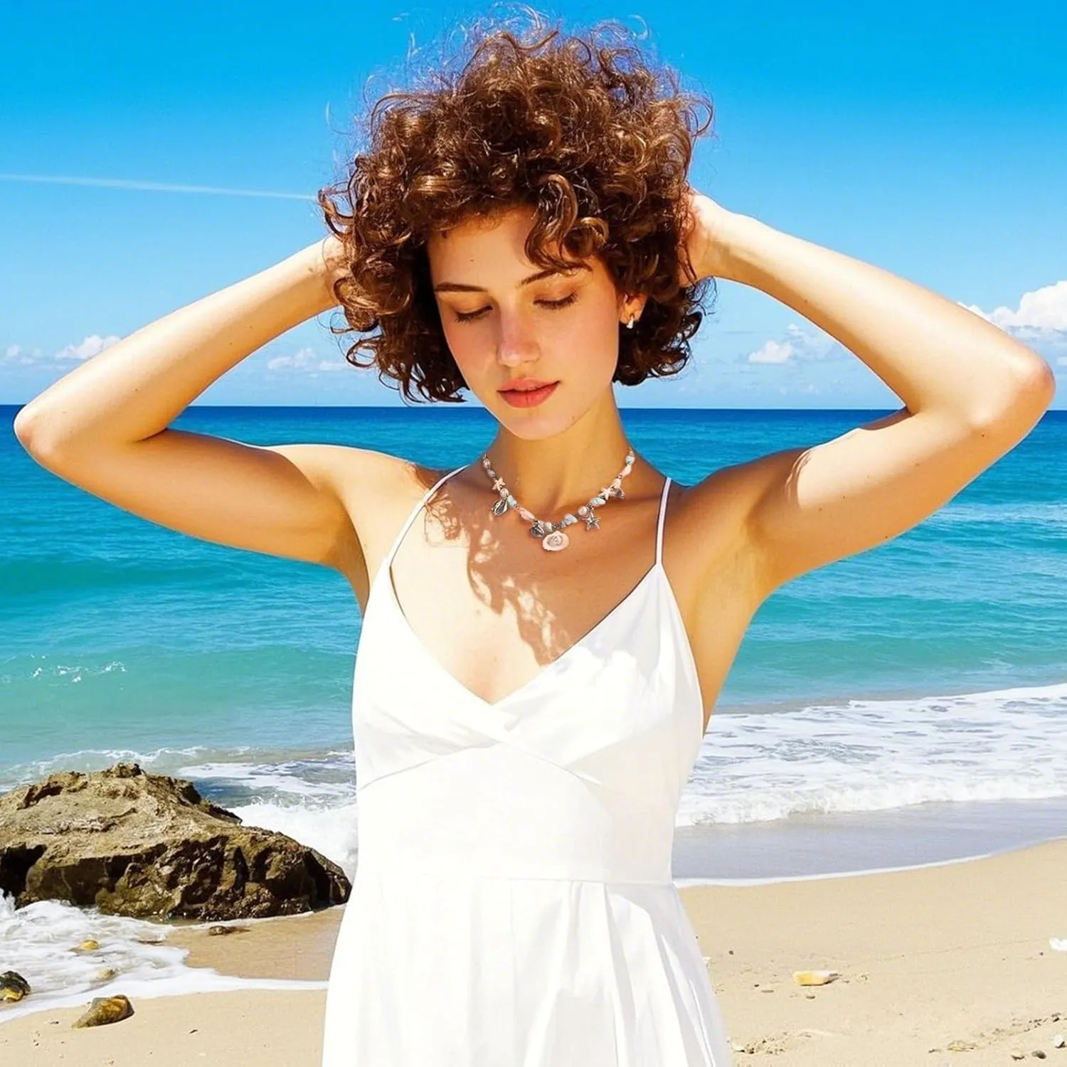 Seashell Starfish Pendant Necklace Pearl Beaded Fossil Charm Choker Summer Boho Beach Statement Necklace Jewelry with Dolphin & Conch Silver Trendy Chain Gifts for Women