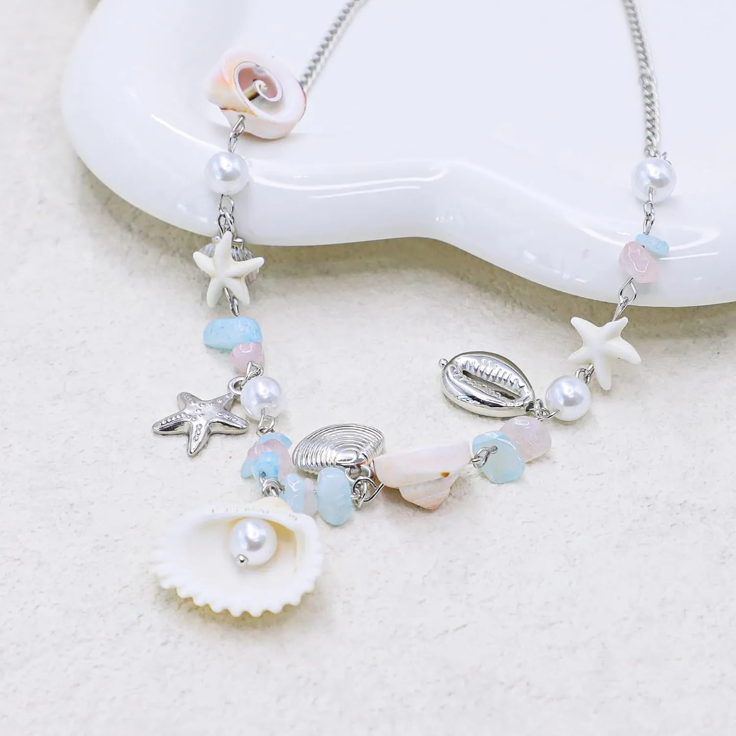 Seashell Starfish Pendant Necklace Pearl Beaded Fossil Charm Choker Summer Boho Beach Statement Necklace Jewelry with Dolphin & Conch Silver Trendy Chain Gifts for Women