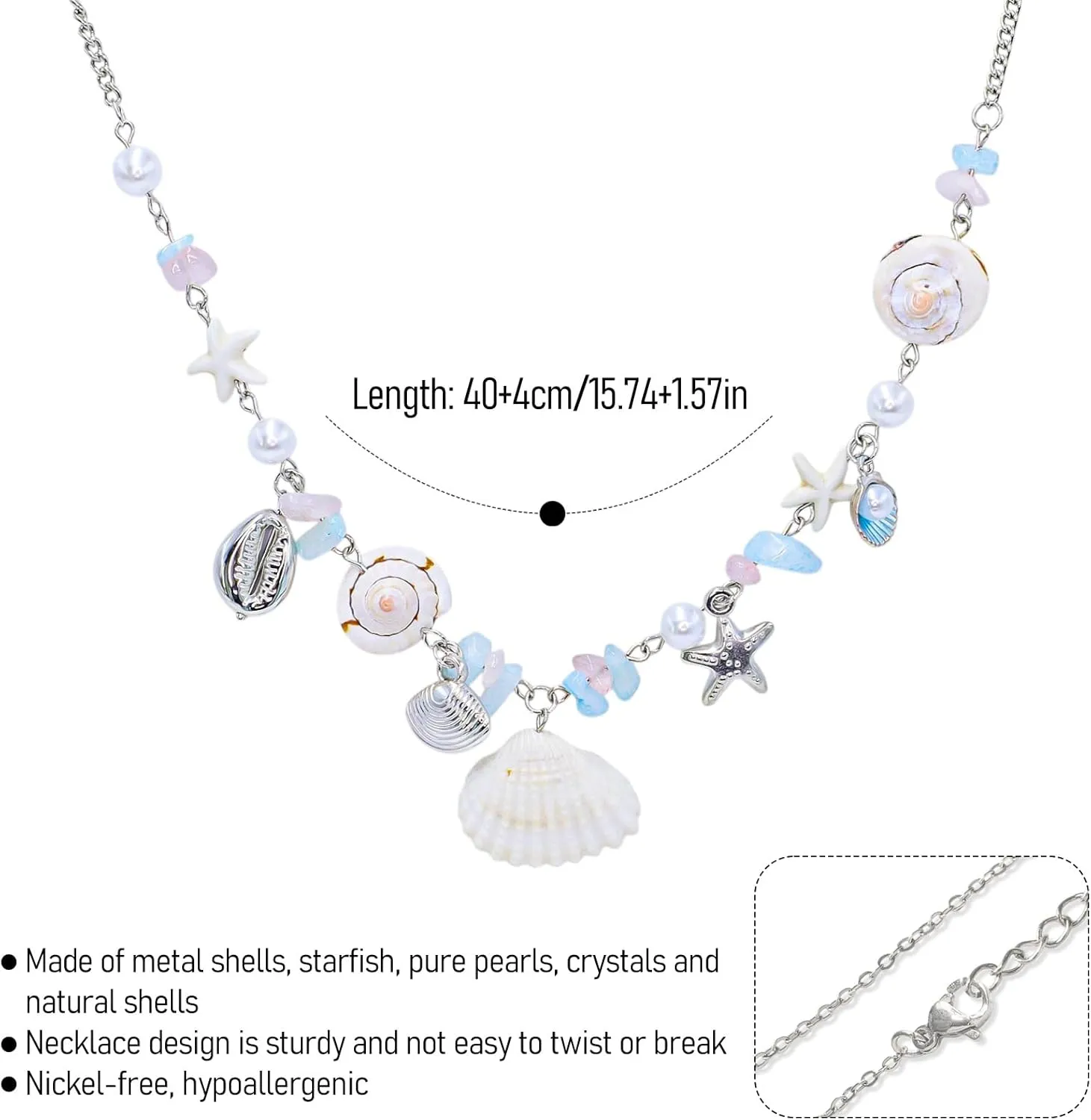 Seashell Starfish Pendant Necklace Pearl Beaded Fossil Charm Choker Summer Boho Beach Statement Necklace Jewelry with Dolphin & Conch Silver Trendy Chain Gifts for Women