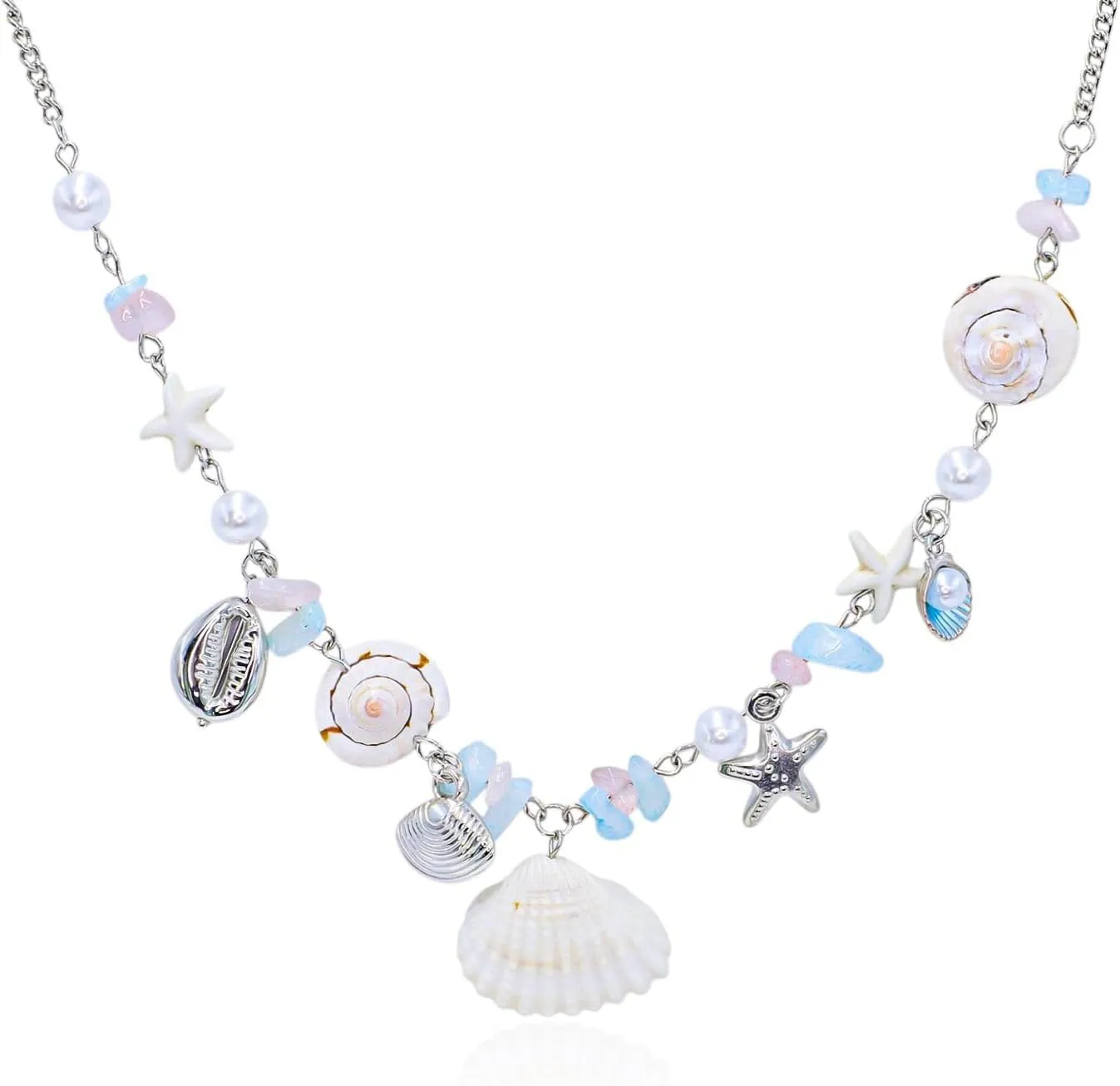 Seashell Starfish Pendant Necklace Pearl Beaded Fossil Charm Choker Summer Boho Beach Statement Necklace Jewelry with Dolphin & Conch Silver Trendy Chain Gifts for Women