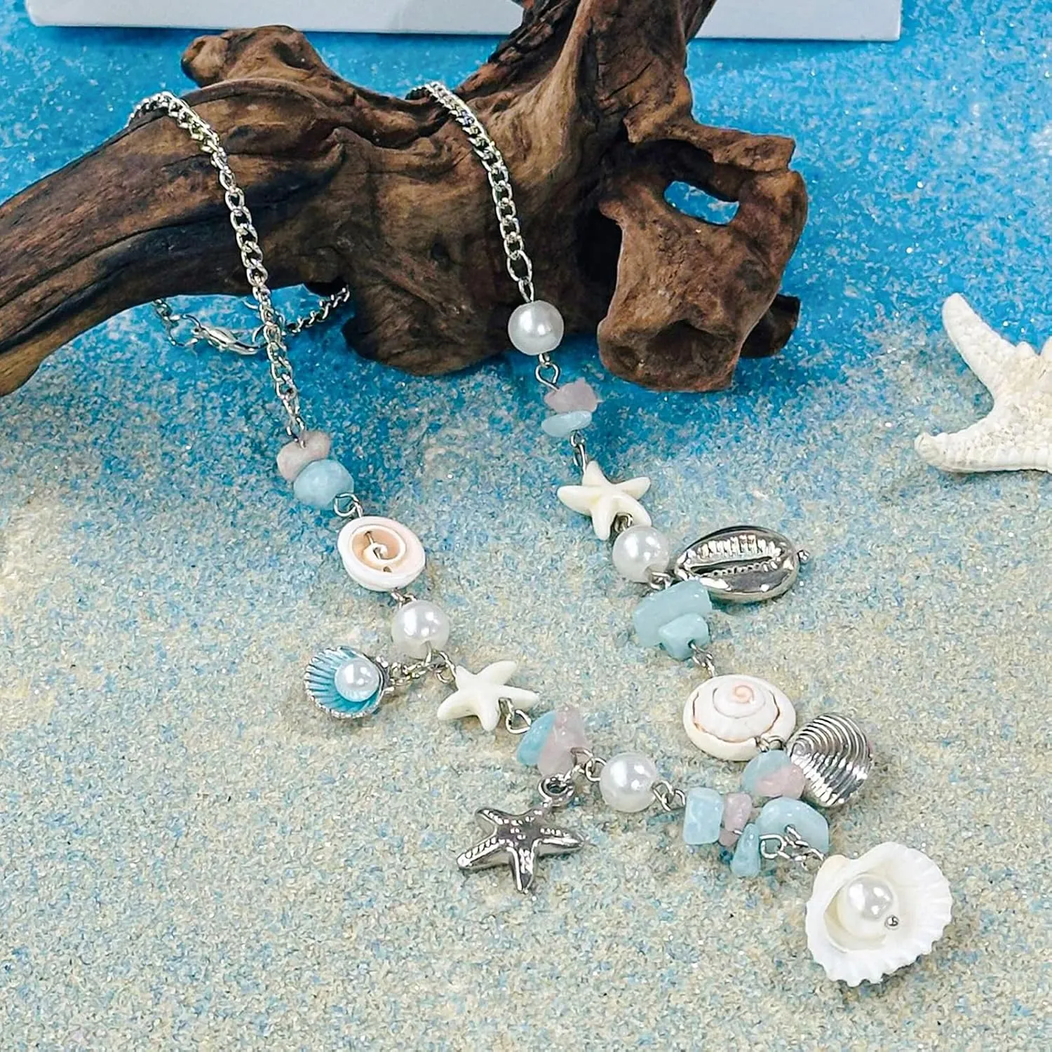 Seashell Starfish Pendant Necklace Pearl Beaded Fossil Charm Choker Summer Boho Beach Statement Necklace Jewelry with Dolphin & Conch Silver Trendy Chain Gifts for Women