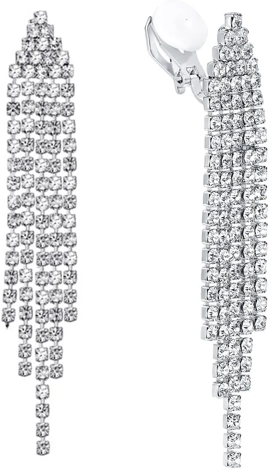 SELOVO Chandelier Tassel Dangle Linear Drop Earrings Party Jewelry Clear Austrian Crystal (2.2inch-Clip-Clear Silver Tone)