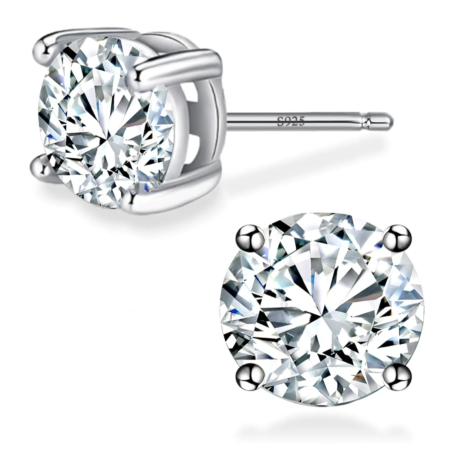 Sereney Hypoallergenic 925 Sterling Silver Stud Earrings for Women, Round Cubic Zirconia Earrings CZ Studs Earrings for Girl Women Men 6mm