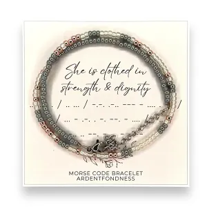 She Is Clothed In Strength And Dignity Morse Code Wrap Bracelet for Christian Proverbs 31:25 Women, Inspirational Religious Jewelry for Her, Unique Graduation Gift, Bible Verse Scripture Adjustable