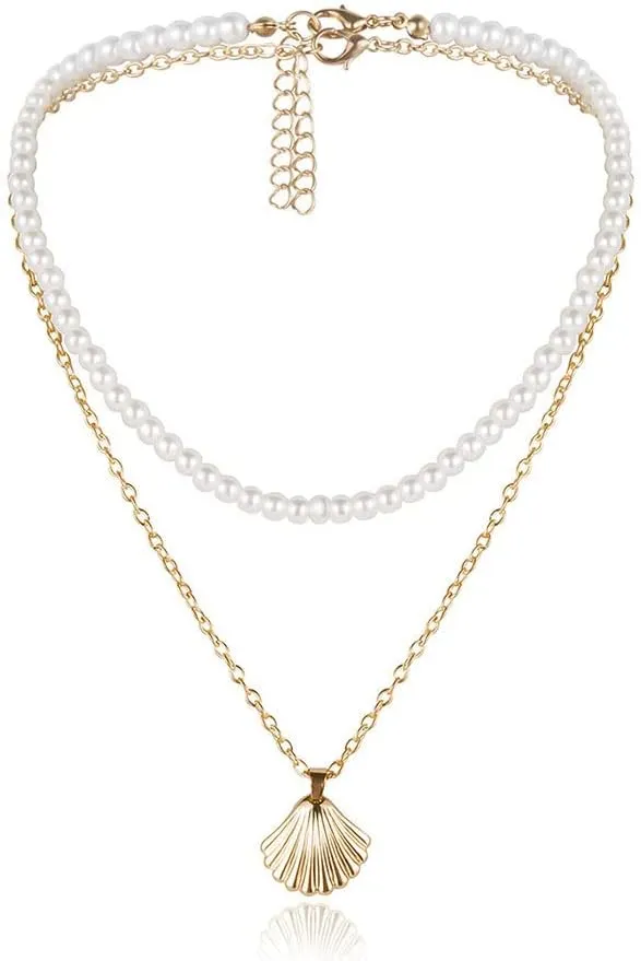 Shell Layered Necklace Pearl Choker Necklace Gold Necklace for Women