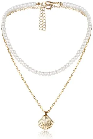Shell Layered Necklace Pearl Choker Necklace Gold Necklace for Women