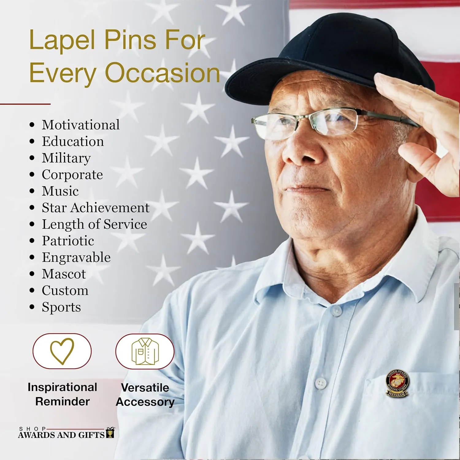 SHOP AWARDS AND GIFTS United States US Veteran Lapel Pin, Retirement and Service, 1-1/8 inch