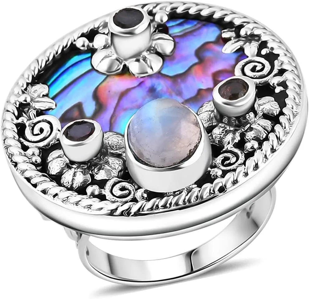 SHOP LC DELIVERING JOY Bali Legacy Abalone Shell Moon Glow Moonstone 925 Sterling Silver Ring for Women Jewelry Gifts Size 9 Ct 2.75 Birthday Gifts