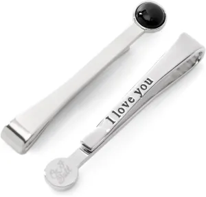 Silver and Onyx Tie Bar with "I Love You" Etched on the Back
