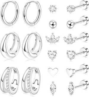Silver Flat Back Stud Earrings for Women Hypoallergenic Surgical Stainless Steel Flatback Stud Earring Set b