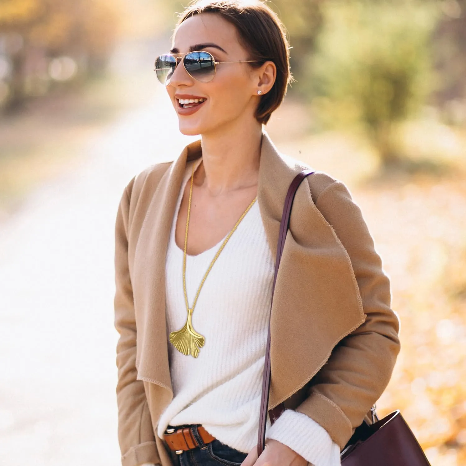 Silver Gold Double Circle/Ginkgo Necklace, Long Silver Necklace Sweater long Silver Chain for Women Silver Circle Large Pendant Womens Jewelry Silver Statement Necklace for Women Gift for Her