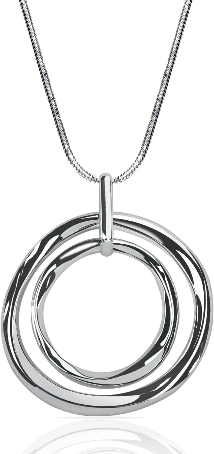 Silver Gold Double Circle/Ginkgo Necklace, Long Silver Necklace Sweater long Silver Chain for Women Silver Circle Large Pendant Womens Jewelry Silver Statement Necklace for Women Gift for Her