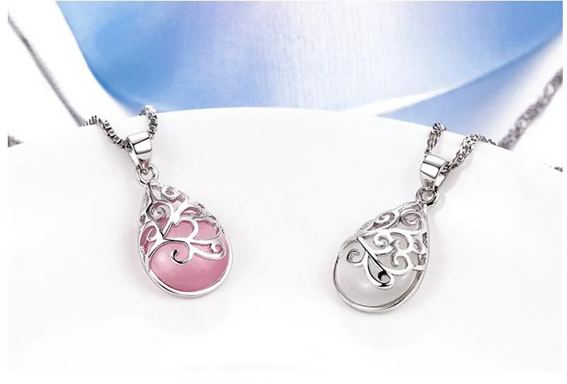 Silver Plated Pendant Pink And White Moonstone Stone Opal Pendant Hollow Goth Jewerally