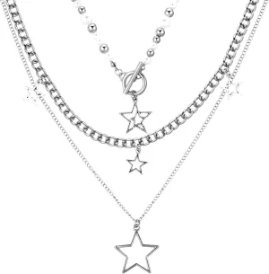Silver Star Necklace, Grunge Layered Star Chain Choker Y2K Stackable Silver Pendant Vintage Aesthetic Necklaces Cute Fashion Gothic Jewelry Accessories for Women