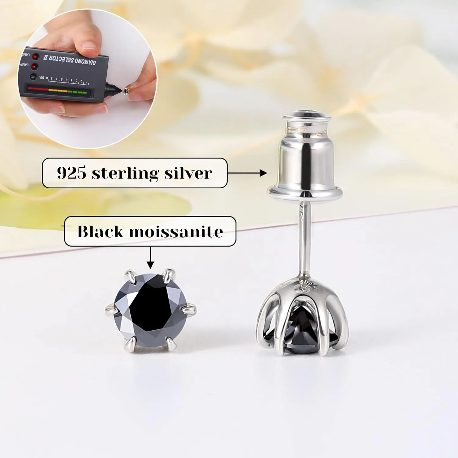 Silver/Black Moissanite Stud Earrings for Mens/Women 1-4CT Hypoallergenic Earrings 925 Sterling Silver Lab Created Diamond Round/Cushion Halo Stud Earrings