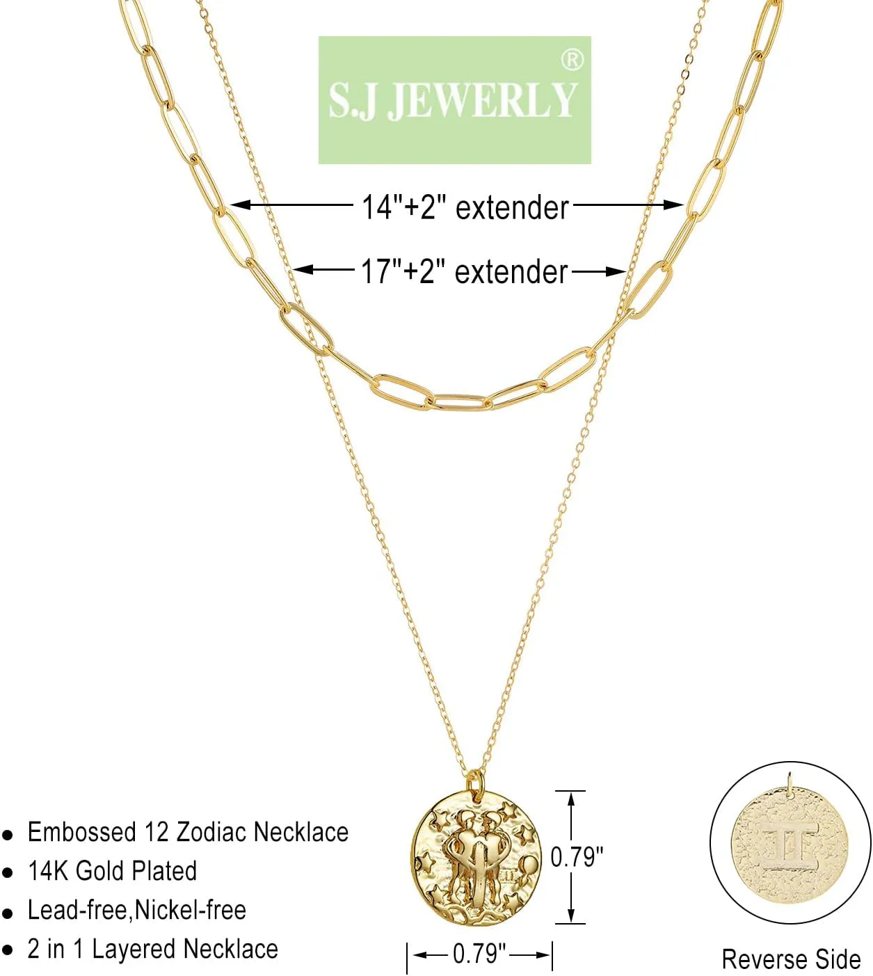 S.J JEWELRY 12 Constellations Zodiac Necklace Women's Simple Delicate 14K Gold Filled Coin Pendant Personalized Birthday Gifts Handmade Disc Chokers Necklace