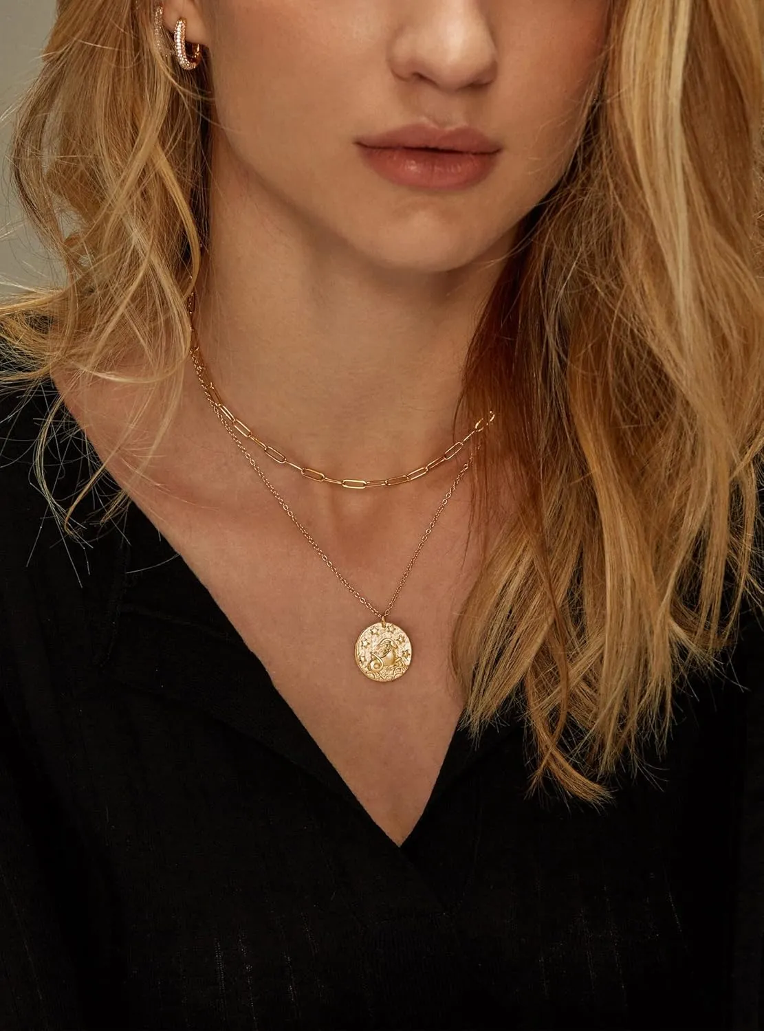 S.J JEWELRY 12 Constellations Zodiac Necklace Women's Simple Delicate 14K Gold Filled Coin Pendant Personalized Birthday Gifts Handmade Disc Chokers Necklace