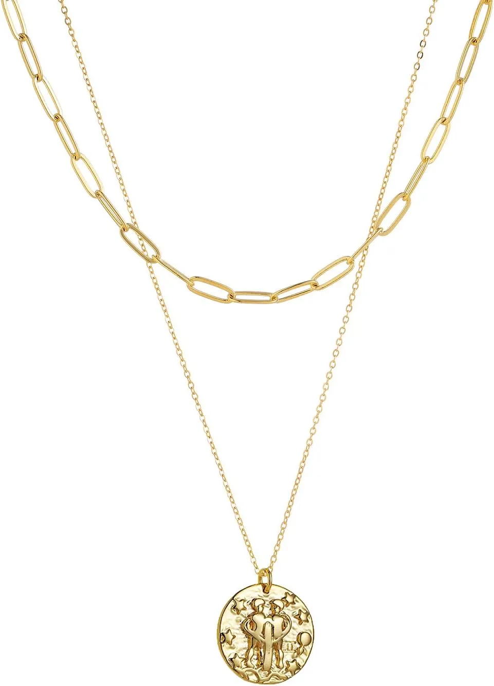 S.J JEWELRY 12 Constellations Zodiac Necklace Women's Simple Delicate 14K Gold Filled Coin Pendant Personalized Birthday Gifts Handmade Disc Chokers Necklace