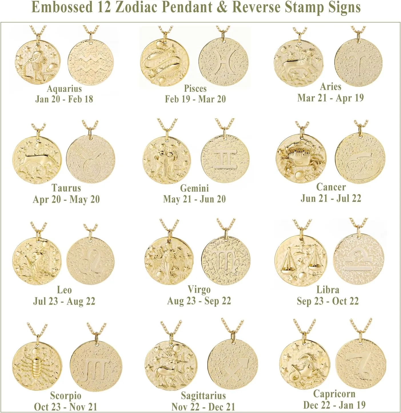 S.J JEWELRY 12 Constellations Zodiac Necklace Women's Simple Delicate 14K Gold Filled Coin Pendant Personalized Birthday Gifts Handmade Disc Chokers Necklace