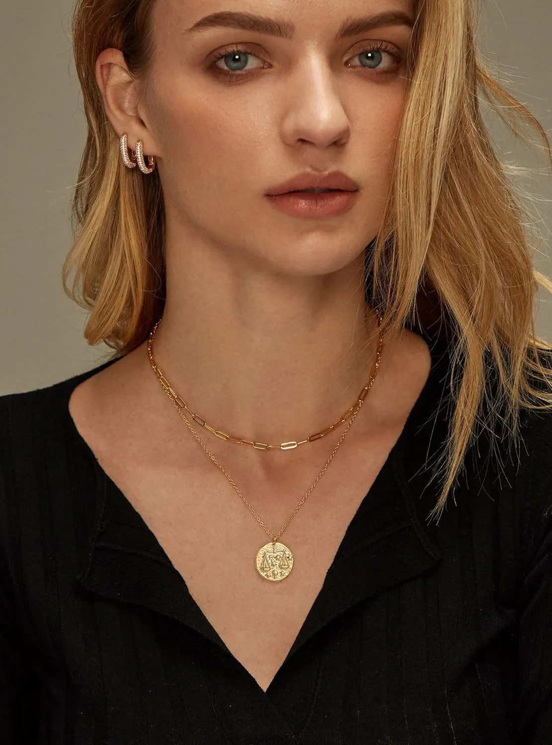 S.J JEWELRY 12 Constellations Zodiac Necklace Women's Simple Delicate 14K Gold Filled Coin Pendant Personalized Birthday Gifts Handmade Disc Chokers Necklace