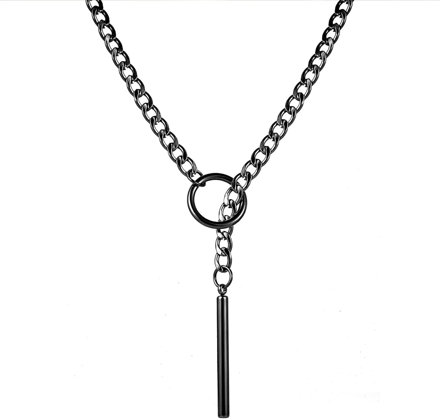 Slip Chain Necklace for Women Men Gothic Stainless Steel Cuban Link Long Necklace with Bar Pendant Punk Rock Collar Choker Adjustable Lariat Y Necklaces