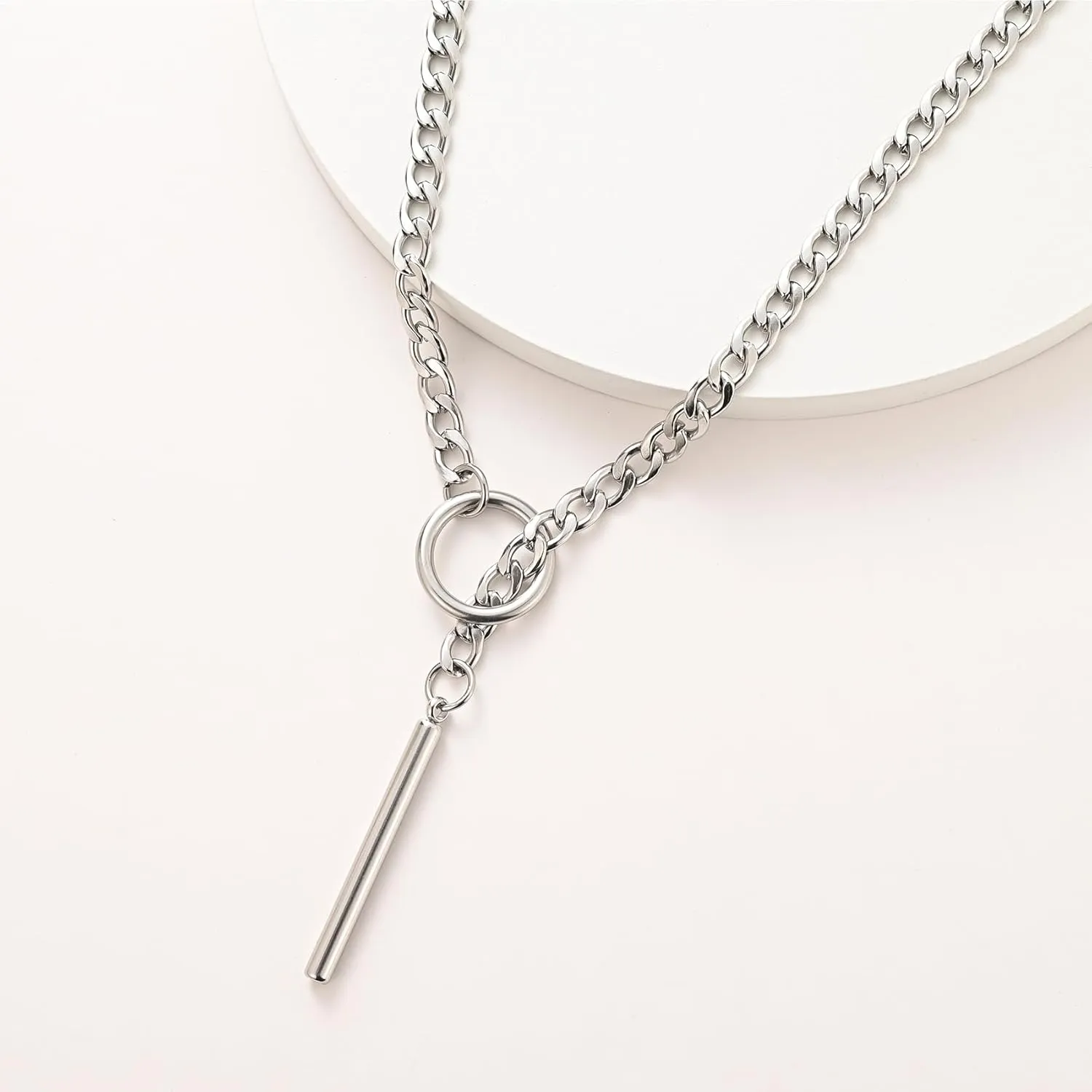 Slip Chain Necklace for Women Men Gothic Stainless Steel Cuban Link Long Necklace with Bar Pendant Punk Rock Collar Choker Adjustable Lariat Y Necklaces