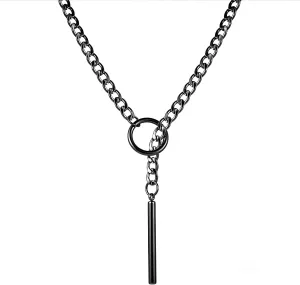 Slip Chain Necklace for Women Men Gothic Stainless Steel Cuban Link Long Necklace with Bar Pendant Punk Rock Collar Choker Adjustable Lariat Y Necklaces
