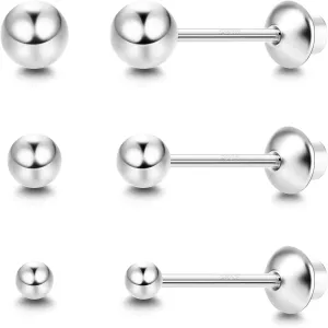 Sllaiss 3 Pairs Ball Stud Earrings Screw Back 925 Sterling Silver Cartilage Earrings Stud 14K Gold Plated Tiny Screwback Earrings For Women 2mm-4mm (Silver)