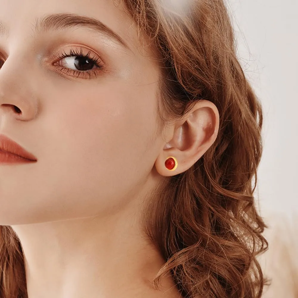 Small Ball Bezel Stud Earrings for Women Gold Plated Stainless Steel Minimalist Round Red Green Stone Earring Cute Geometric Studs Chic Jewelry Gifs for Holiday