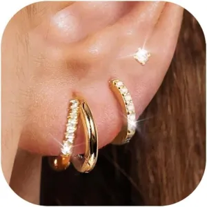 Small Gold Hoop Earrings for Women, 14K Plated Huggie Hypoallergenic Trendy Dangle Cartilage Sets for Multiple Piercing Lightweight