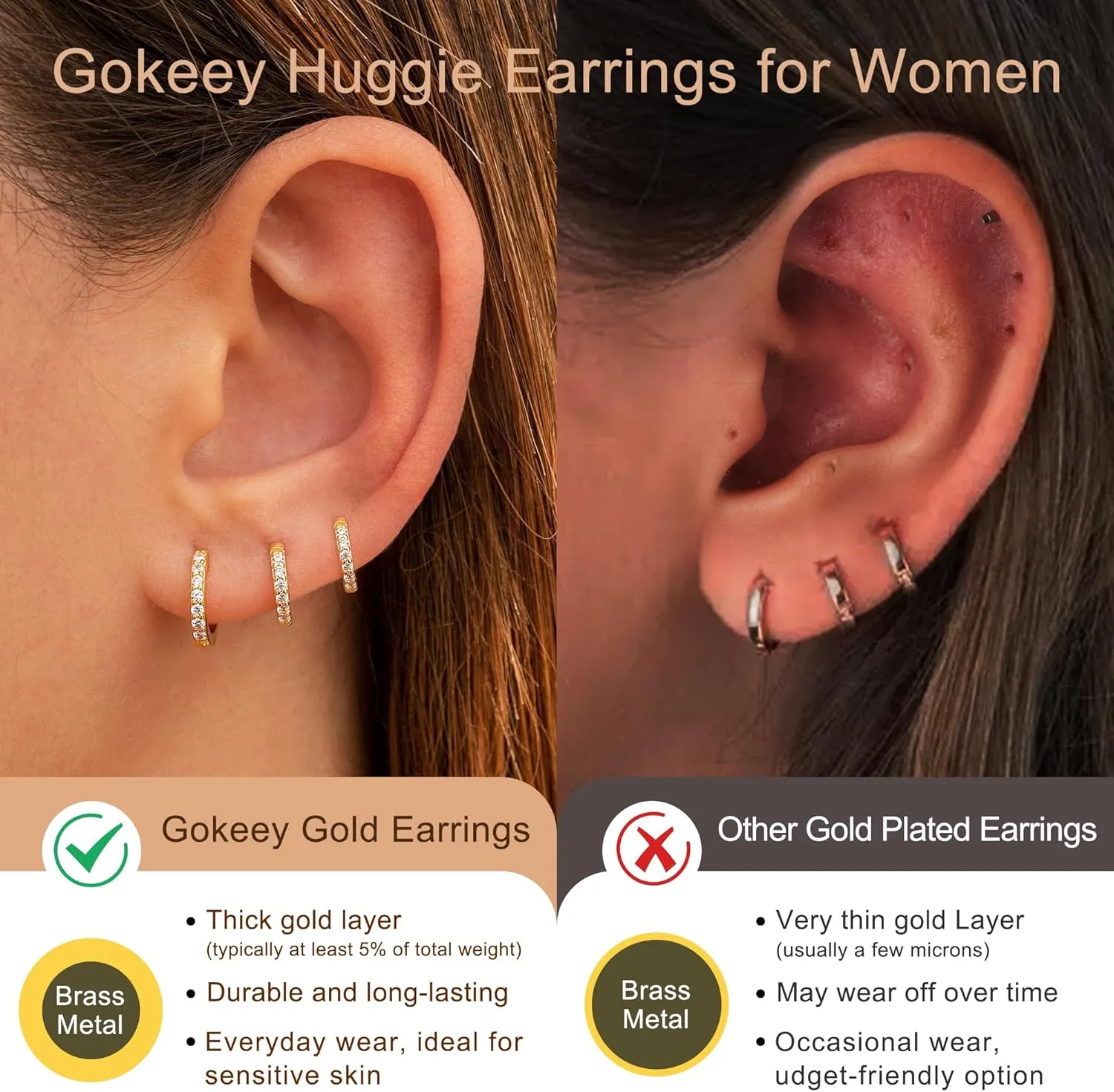 Small Gold Huggie Hoop Earrings for Women 14K Real Gold Hypoallergenic Lightweight Earrings for Sensitive Ears Everyday Earrings Set for Multiple Piercings Cartilage Hoop Earrings