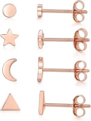Small Gold Stud Earrings - 4 Pairs Rose Gold Plated Triangle, Star, Moon and Round CZ Stud Earrings - Hypoallergenic Cartilage and Tragus Set
